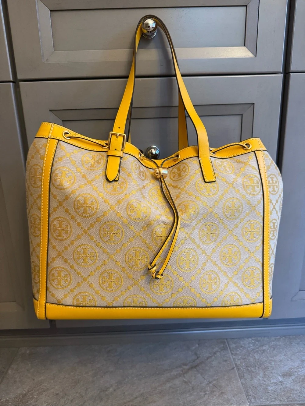 Tory Burch Yellow Logo Jacquard Drawstring Tote - Picture 2 of 5